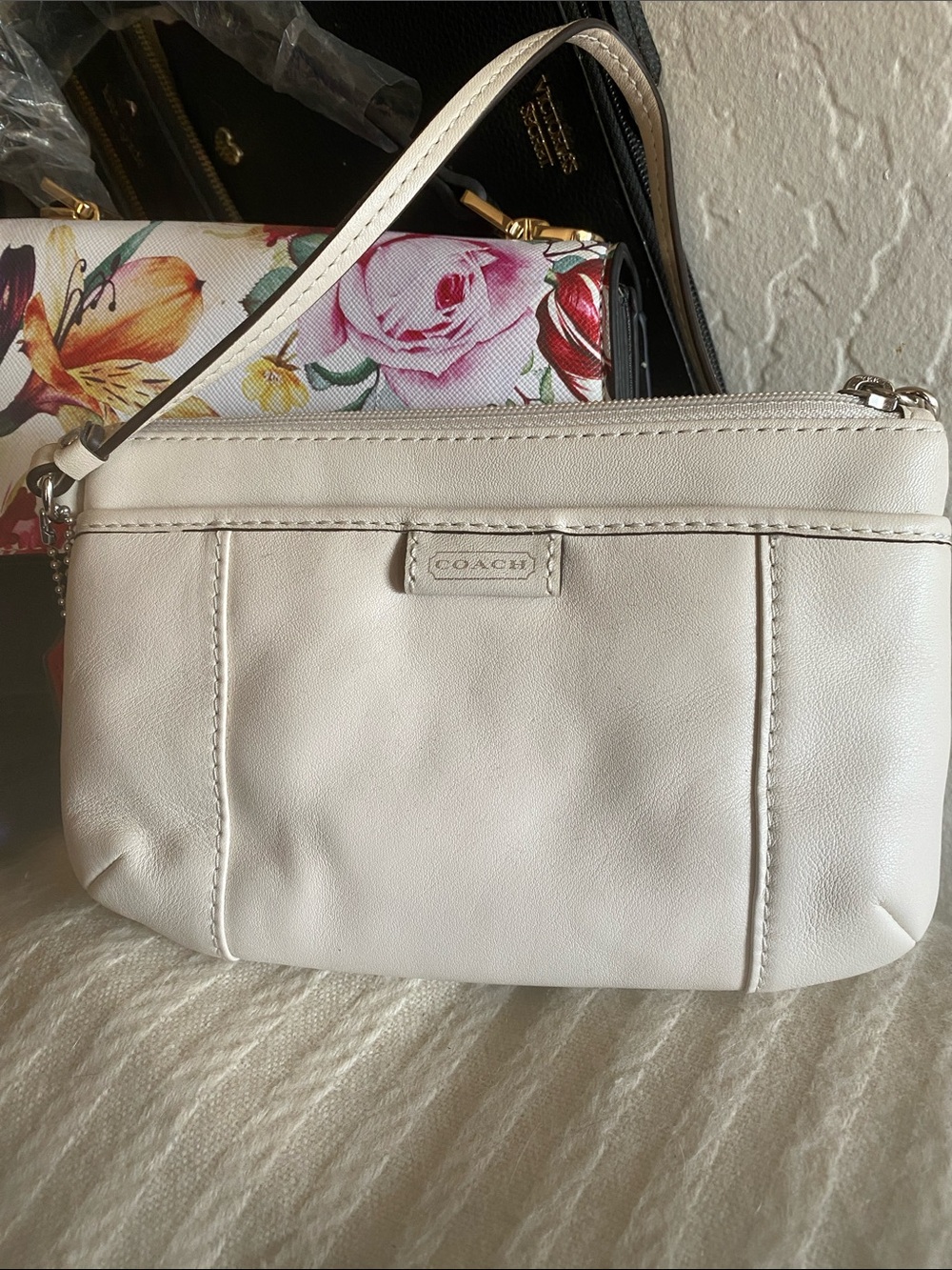 Coach Cream Leather Wristlet with Top Zip and Wrist Strap